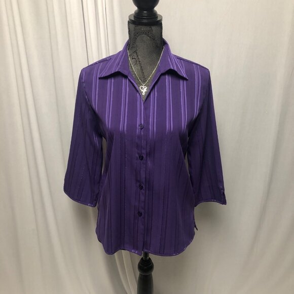 Joanna Blouse Womens Size Small Purple Silver Metallic Button Up Shirt - Picture 1 of 7